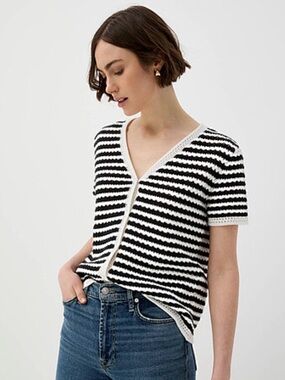 Ninety Black and White Striped V-Neck Button Front Top